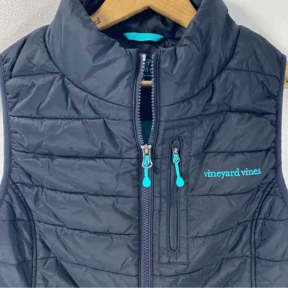 Vineyard Vines Quilted Navy Blue Turquoise Aqua Mountain Weekend Puffer Vest S - Picture 2 of 12